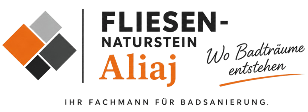 Logo "FLIESEN- & NATURSTEINVERLEGUNG Aliaj, Ihr Fachmann für Fliesenarbeiten" mit orangefarbenem Quadratmuster.