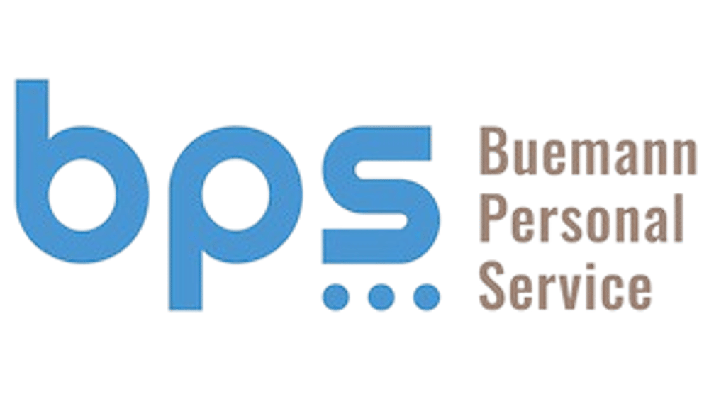 Blaues "bps" Logo mit drei Punkten und "Buemann Personal Service" in Grau.