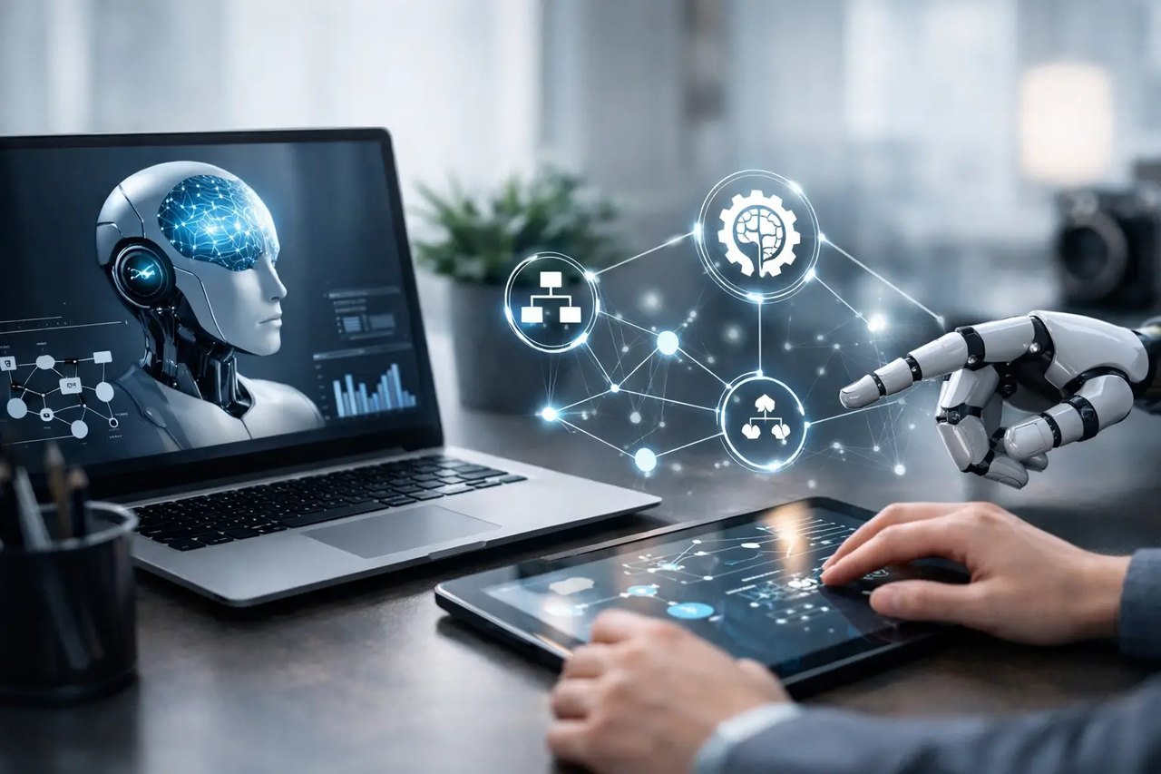 Roboterhand und Mensch bedienen Tablet neben Laptop mit KI-Kopf, umgeben von leuchtenden Daten- und Prozess-Symbolen.