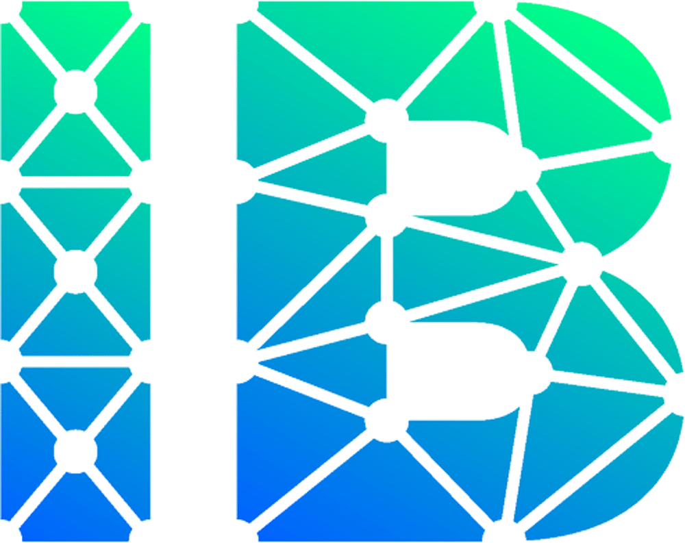 Geometrischer Buchstabe B in Blau- und Grüntönen, verbunden durch Linien und Punkte, auf dunklem Hintergrund.