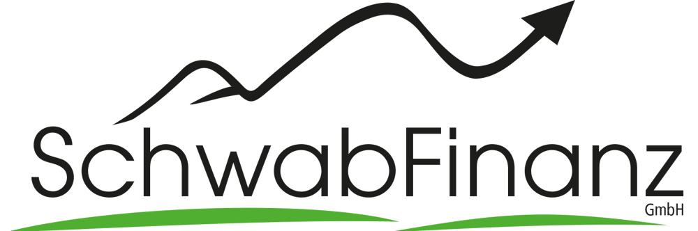 Logo "SchwabFinanz GmbH" mit schwarzem, aufsteigendem Pfeil und grüner Welle auf dunkelgrünem Hintergrund.