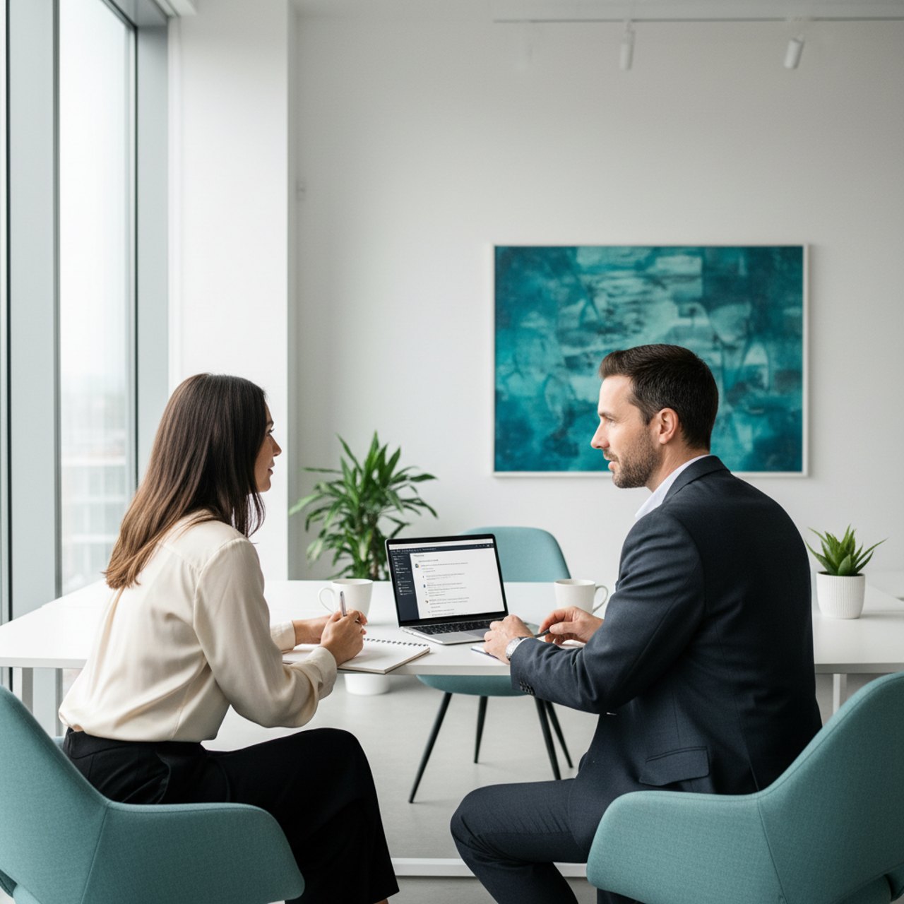 A manager and employee in a focused one on one accountability conversation at a desk