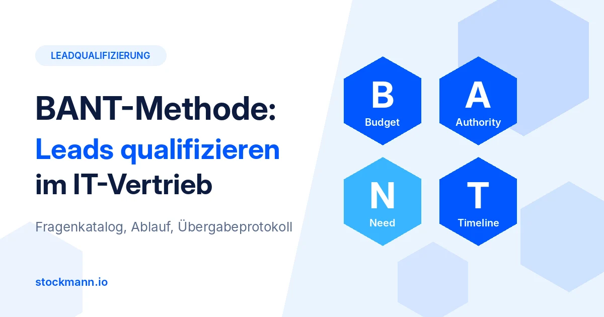 BANT-Methode für IT-Unternehmen: Budget, Authority, Need und Timeline als Waben mit Fragenkatalog, Ablauf und Übergabeprotokoll