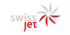 Swiss Jet Logo mit grauem "swiss" und rotem "jet" sowie einem roten und grauen Sternsymbol.