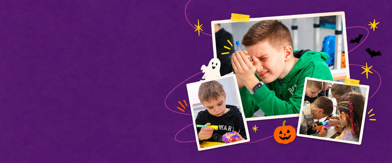 Playful purple collage of creative kids