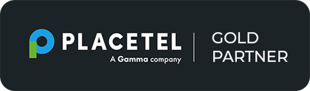 Placetel Logo mit "A Gamma company" und "GOLD PARTNER" Schriftzug auf dunkelgrauem Hintergrund.