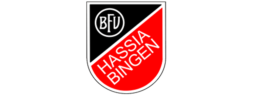 Schildförmiges Logo von Hassia Bingen, diagonal geteilt in Schwarz und Rot, mit weißer Schrift und "BFU" im Kreis.