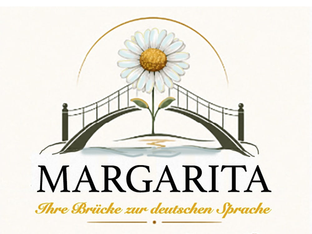 Alemán con Margarita. Logo Margarita mit einer Margerite über einer Brücke und dem Text „Ihre Brücke zur deutschen Sprache“.