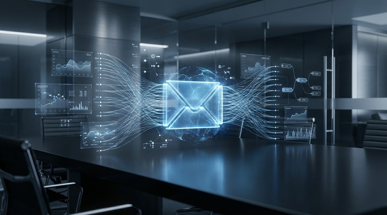 Ein leuchtendes E-Mail-Symbol schwebt über einem Konferenztisch inmitten digitaler Datenströme und Diagramme.