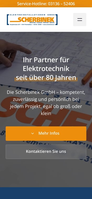Website der Scherbinek GmbH in der Handy-Ansicht