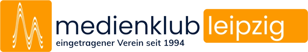 Logo mit stilisiertem "M" in Orange, daneben "medienklub leipzig" in Dunkelblau und Weiß, darunter "eingetragener Verein seit 1994".
