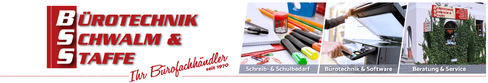 Rotes Logo "BBS BÜROTECHNIK SCHWALM & STAFFE Ihr Bürofachhändler" mit abstrakter Grafik.