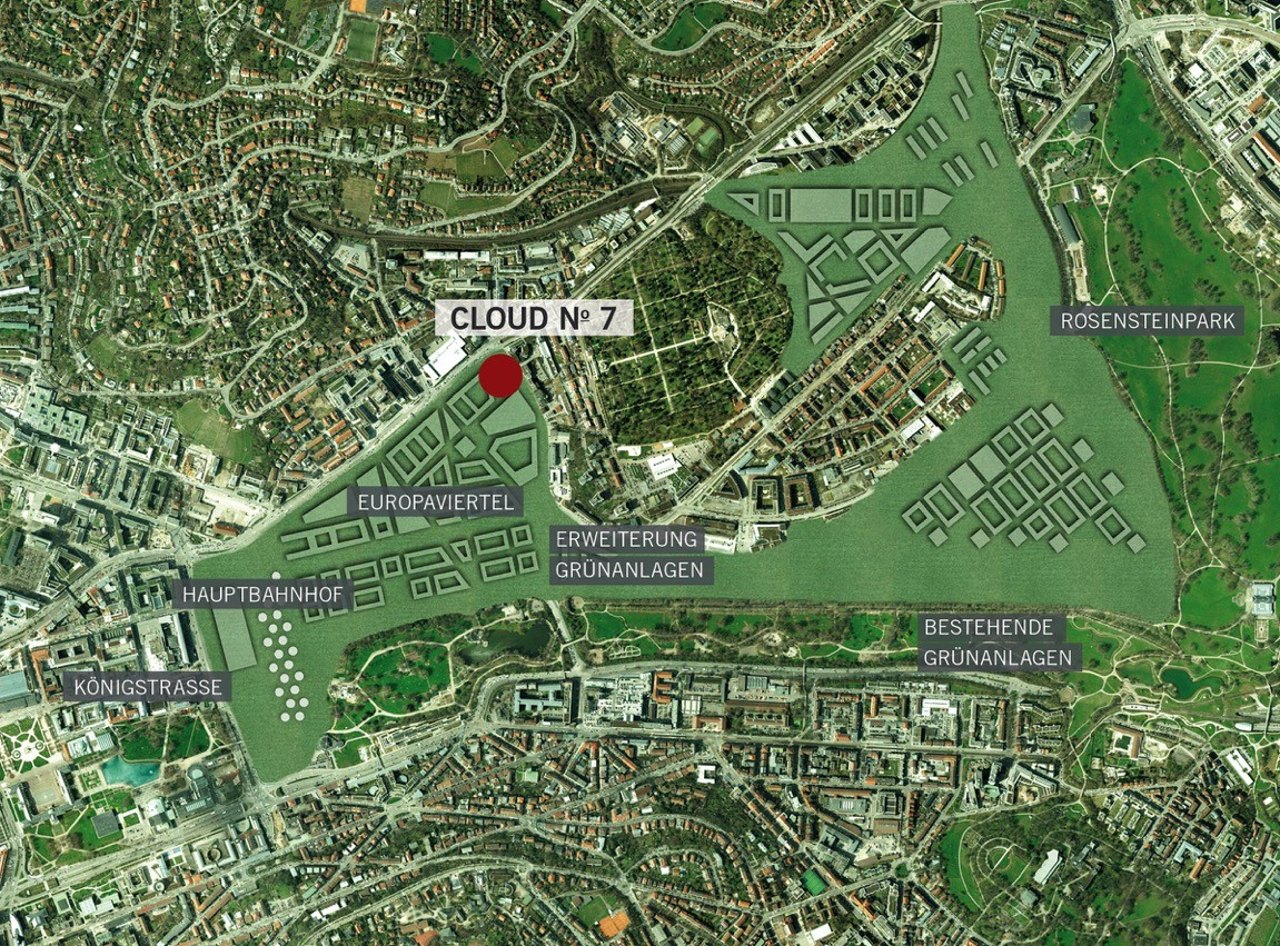 Visualisierung: Lageplan Europaviertel mit CLOUD N°7, Hauptbahnhof und Rosensteinpark