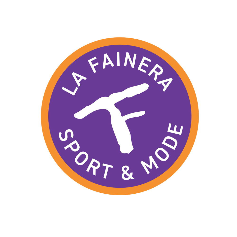 Rundes lila Logo mit orangefarbenem Rand, weißer Schrift "LA FAINERA SPORT & MODE" und einem stilisierten "F".