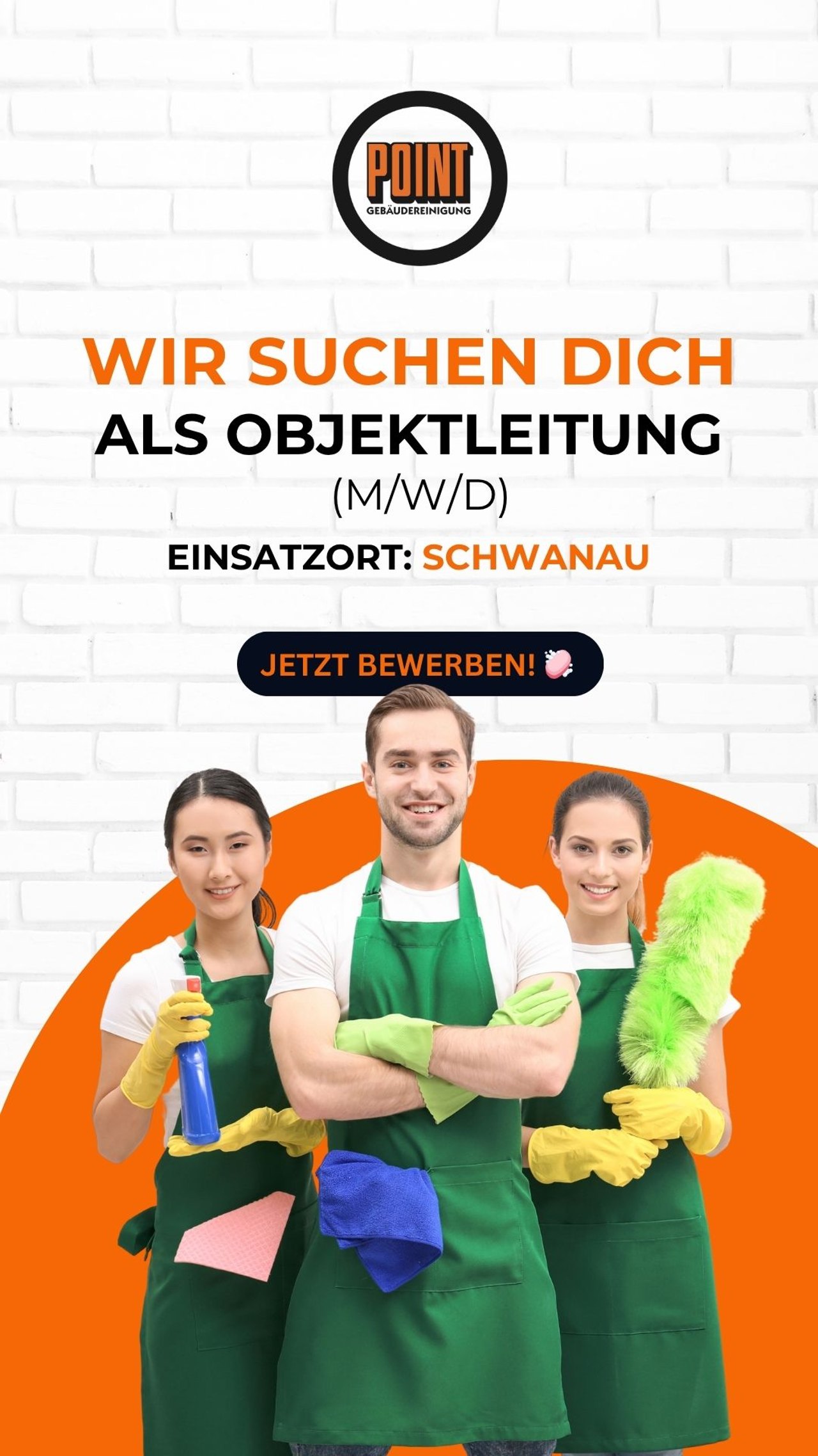 Recruiting-Anzeige POINT Gebäudereinigung: Objektleitung gesucht, Team mit Reinigungsschürzen