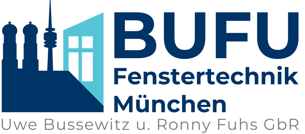 BUFU Fenstertechnik München Logo mit Münchner Silhouette, Fenster und Text: Uwe Bussewitz u. Ronny Fuhs GbR.