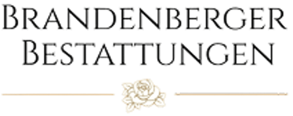 Brandenberger Bestattungen Logo mit einer weißen Rose zwischen zwei goldenen Linien auf grünem Hintergrund.