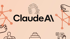 Ein illustriertes Logo, das den Schriftzug "Claude AI" in Schwarz auf einem pfirsichfarbenen Hintergrund zeigt. Über dem Text ist eine schematische Darstellung von zwei Gesichtern zu sehen. Der Hintergrund ist mit orangefarbenen Netzwerken und linearen Darstellungen von Händen und Gesichtern in Schwarz umrandet.
