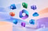 Microsoft 365 Logo umgeben von Icons für Word, Excel, PowerPoint, Teams, Outlook und OneDrive auf abstraktem Hintergrund.