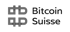 Graues Bitcoin Suisse Logo mit dem Text "Bitcoin Suisse" auf dunkelgrünem Hintergrund.
