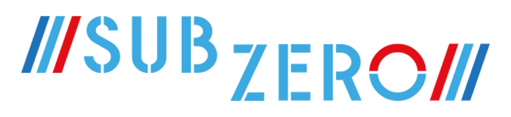 Das Logo "SUB-ZERO" in Blau, mit roten und blauen Streifen und einem roten Halbkreis im O.