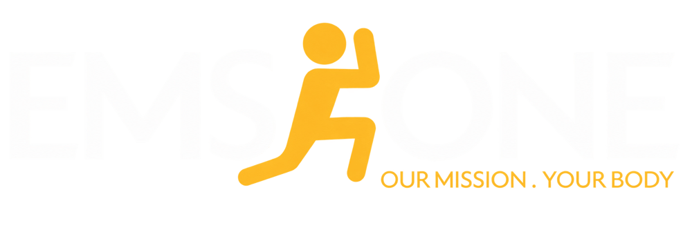EMS ONE Logo mit gelber Sportlerfigur und Slogan „OUR MISSION . YOUR BODY“ auf schwarzem Hintergrund.