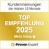 Kundenmeinungen der letzten 12 Monate: TOP EMPFEHLUNG 2025, Mehr Infos. ProvenExpert Logo.
