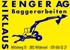 Logo der Firma "ZENGER AG Baggerarbeiten" mit einem blauen Bagger auf gelbem Hintergrund und Kontaktinformationen.
