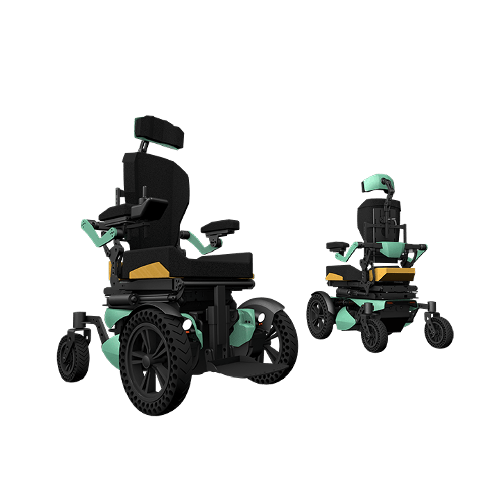 RP1 Kids power wheelchair in black and mint green, two views
