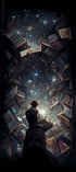 Eine Person steht in einer riesigen, sternenübersäten Bibliothek, umgeben von schwebenden Bücherregalen und leuchtenden Sternen.