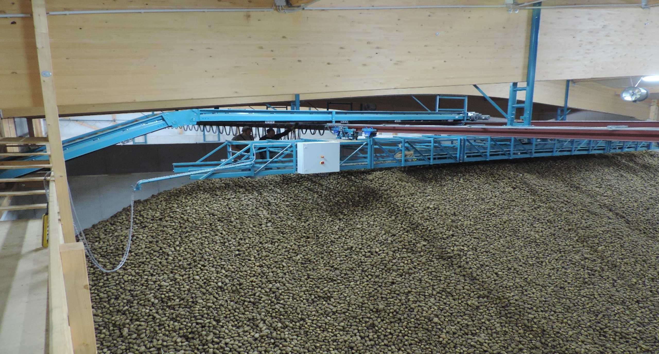 Conveyor above pellets in storage