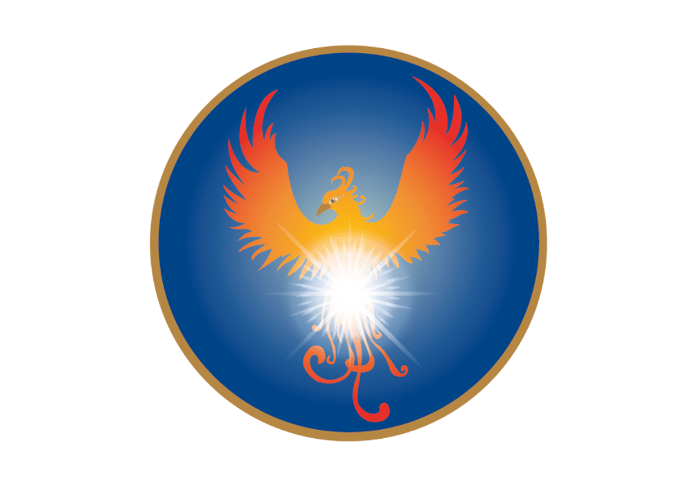 Phönix mit ausgebreiteten, orange-roten Flügeln und einem hellen Stern auf der Brust, umgeben von einem blauen Kreis.