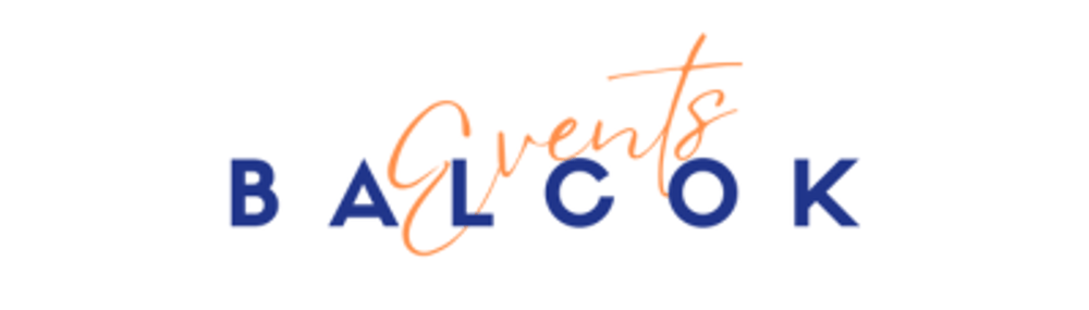Der Text "BALCOK" in Blau ist mit dem orangefarbenen Text "Events" überlagert.