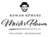 Logo: Mann mit Hut und Brille, darunter "ROMAN RÖMERS Meister Raum POLSTEREI HEIMDESIGN" in Schwarz auf Grün.