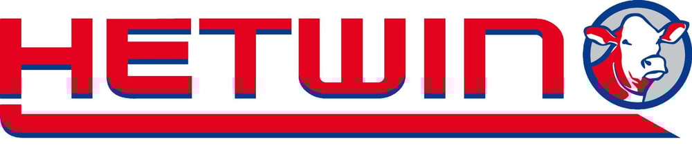 Rotes HETWIN-Logo mit blauem Rand und stilisiertem Kuhkopf in einem Kreis am Ende.