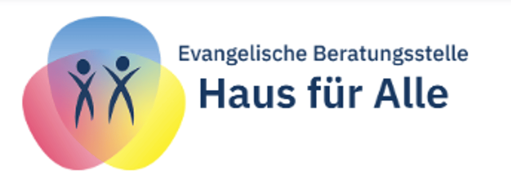 Logo der Evangelischen Beratungsstelle Haus für Alle mit zwei stilisierten Personen vor bunten Formen.