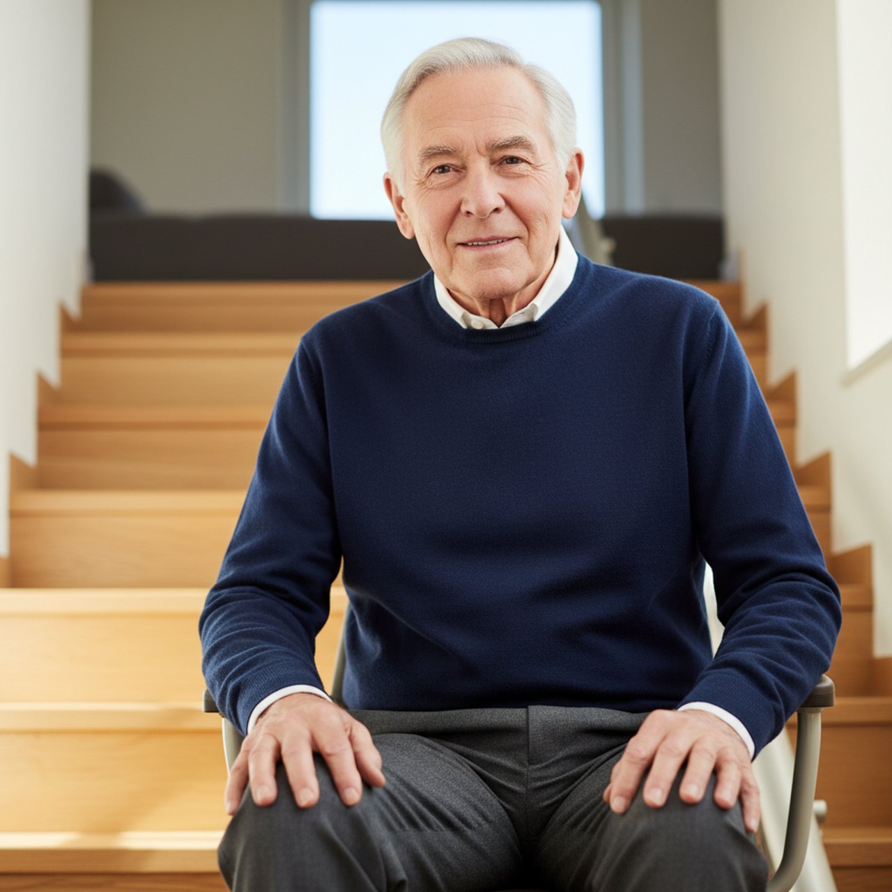 Senior auf Treppenlift