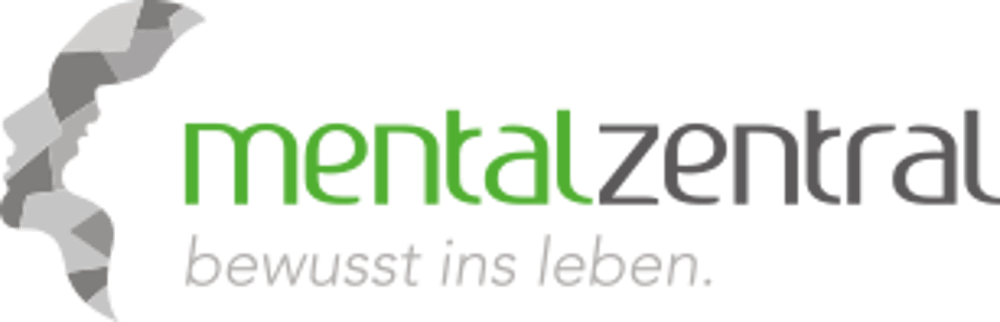 Logo von mentalzentral mit Kopf-Silhouette und dem Slogan bewusst ins leben auf schwarzem Hintergrund.