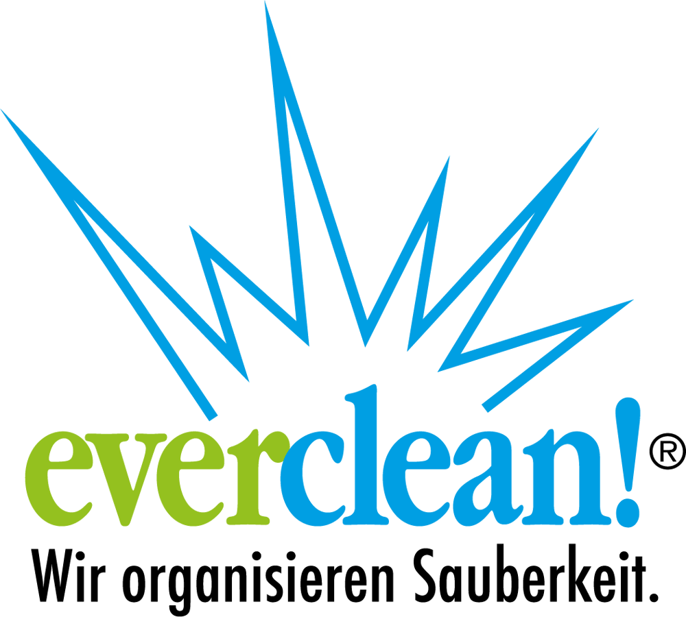 Das Logo "everclean!" in Grün und Blau mit stilisierten Strahlen und dem Slogan "Wir organisieren Sauberkeit."