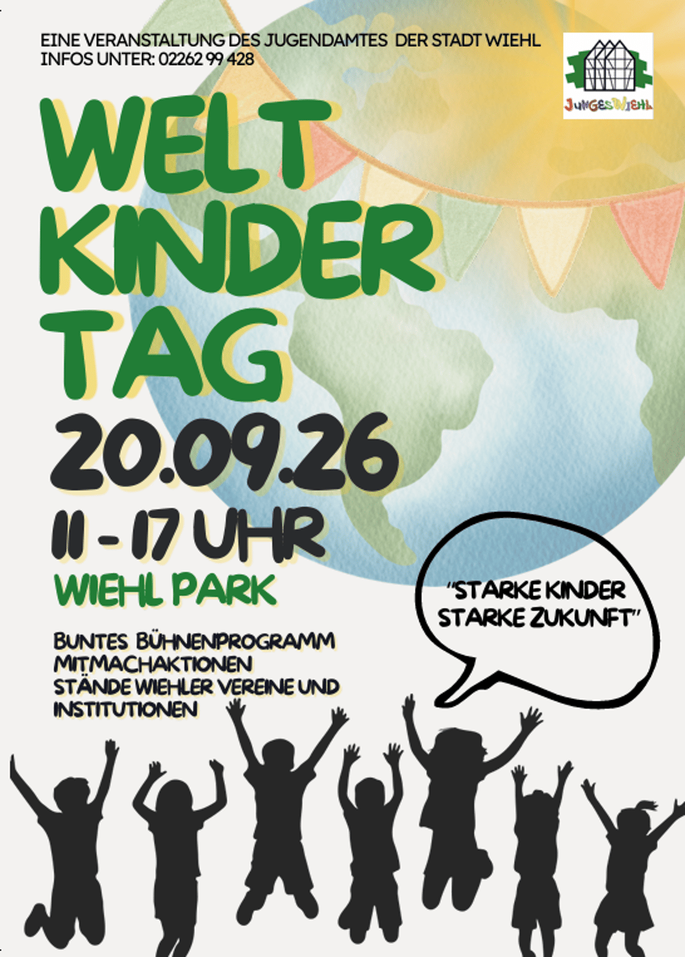 Plakat zum Weltkindertag am 20.09.26 im Wiehl Park mit Programm-Infos und Silhouetten jubelnder Kinder vor einer Weltkugel.