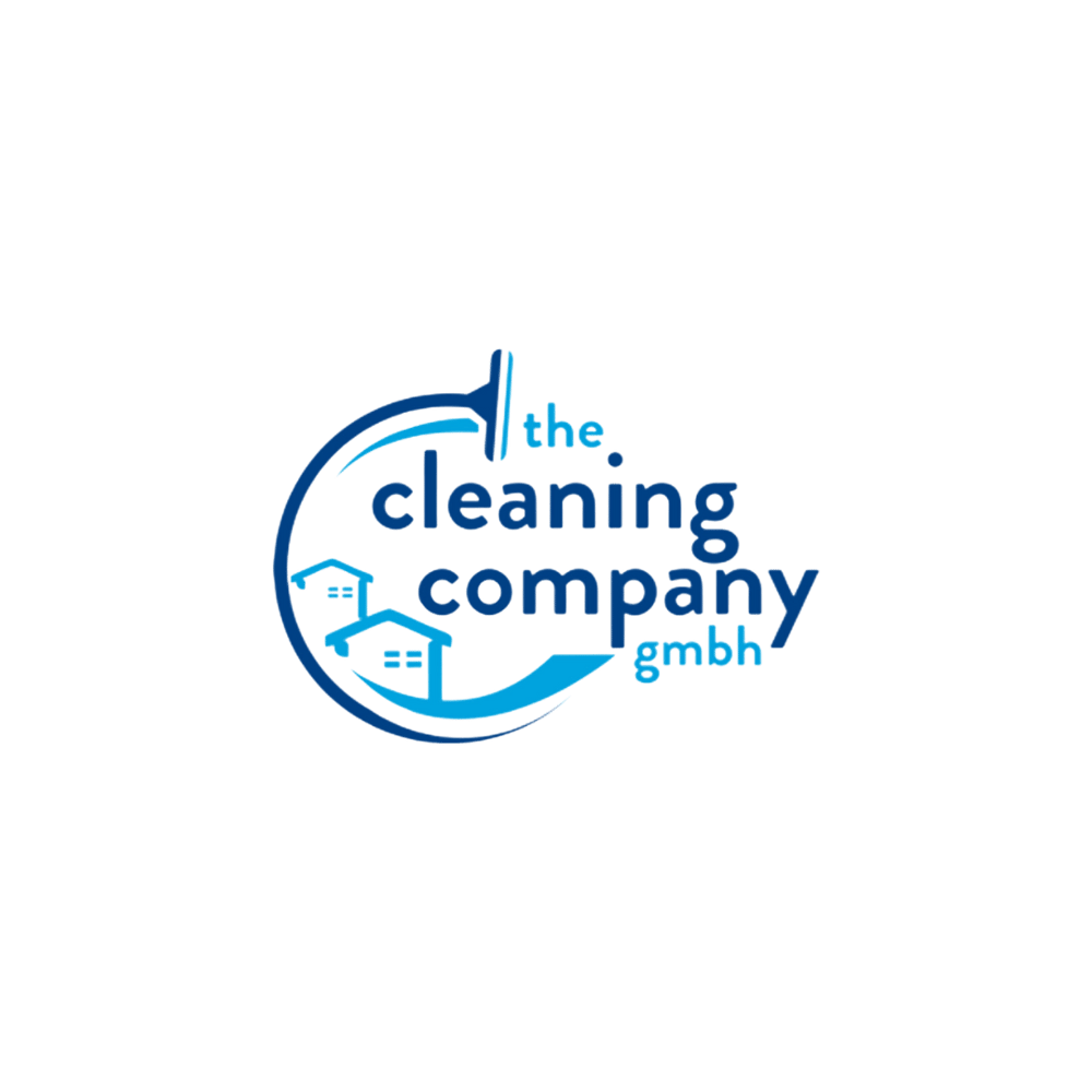 Logo von "the cleaning company gmbh" in Blau, mit einem stilisierten Haus und Reinigungsgeräten.