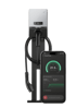 Eine silberne Ladestation mit schwarzem Kabel und Stecker, daneben ein Smartphone mit PowerPulse-App-Anzeige.