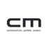 Dark gray "cm" logo with the text "sonnenschutz. perfekt. anders." below on a dark green background.