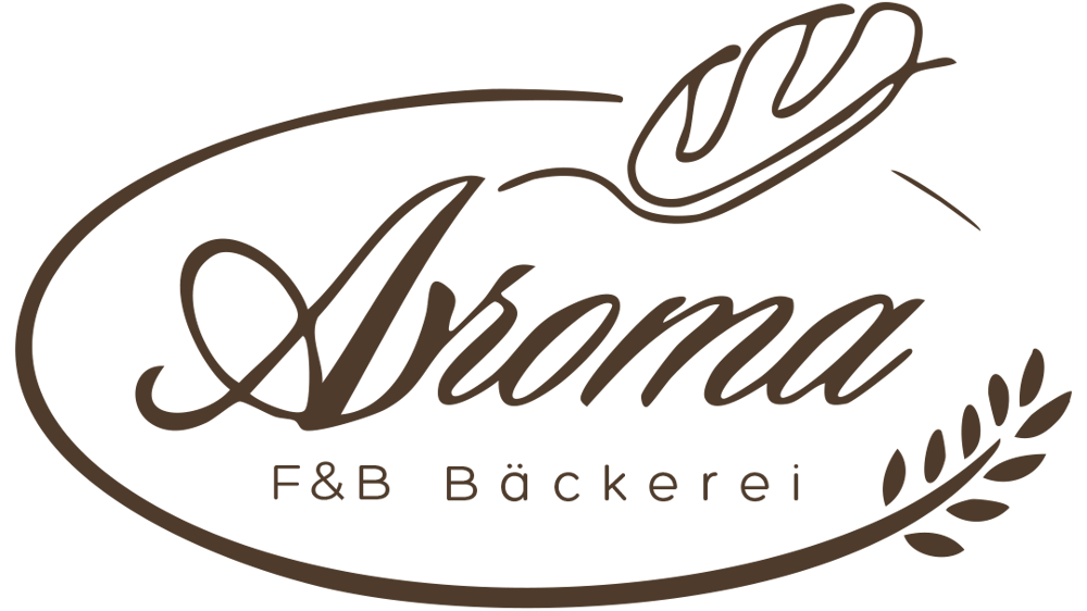 Braunes Aroma F&B Bäckerei Logo mit Weizenähre und Baguette auf grünem Hintergrund.