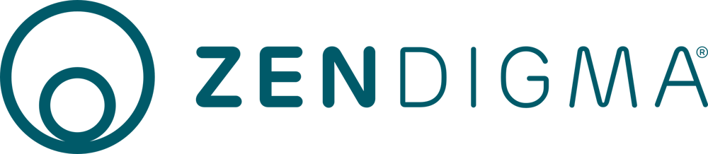 ZENDIGMA-Logo mit zwei konzentrischen Ringen in Blau auf dunkelgrünem Hintergrund.