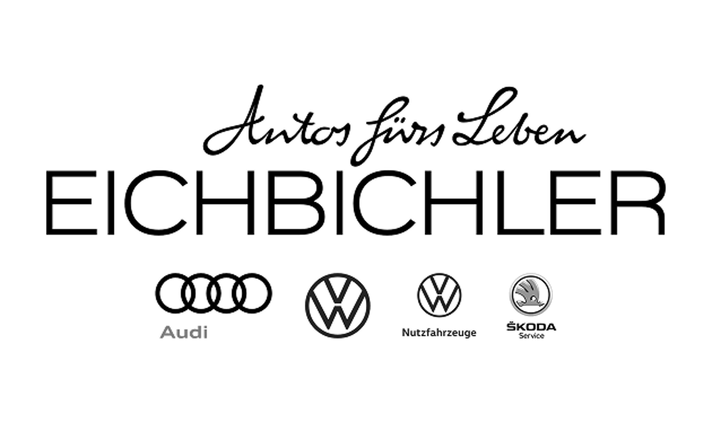 Schwarzes Logo mit Text "Autos fürs Leben EICHBICHLER" und Logos von Audi, Volkswagen Nutzfahrzeuge und Škoda.