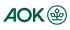 Grünes AOK-Logo mit "AOK" Text und einem stilisierten Pflanzenmotiv in einem Kreis.