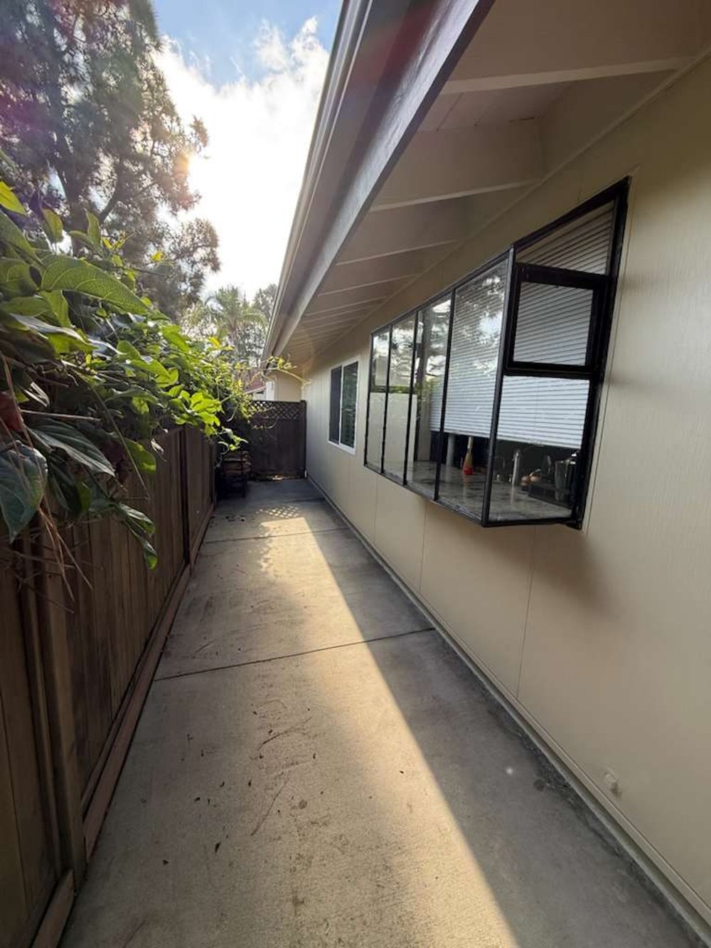 Side walkway with James Hardie Architectural Panel siding and black-framed windows in San Diego