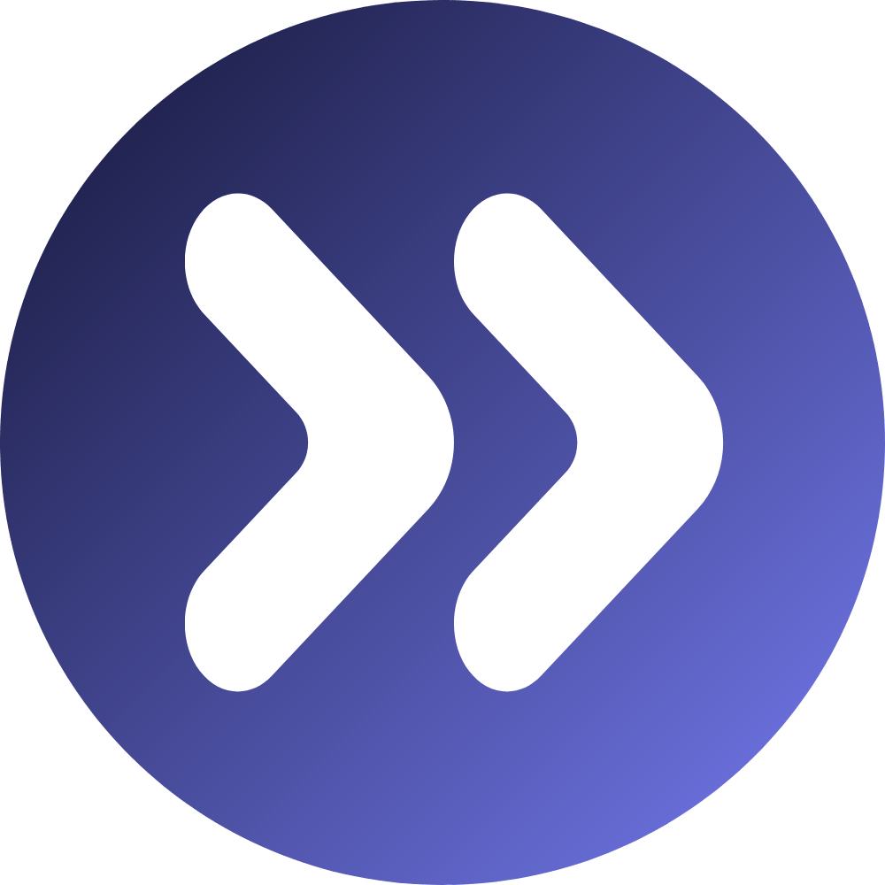 Zwei weiße, nach rechts zeigende Pfeile auf einem runden lila Hintergrund.