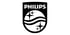 Philips-Logo: Schwarzer Schild mit weißem "PHILIPS"-Text, zwei Wellen und zwei Sternen.